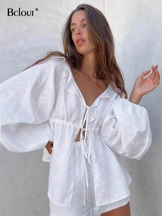 Bclout Summer White Linen Shorts Sets Women 2 Pieces Elegant Lantern Sleeve Lace-Up Loose Tops Vacation Cotton Thin Shorts Suits